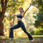 A woman in black flare tights with subtle scrunch doing yoga in an Australian park, Heather Grey colour.