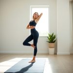 A model in navy blue high waist cropped yoga pants posing in a bright minimalist yoga studio.