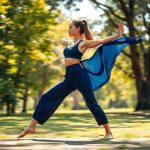 A woman in navy blue high waist cropped yoga pants performing a yoga pose in an Australian park.