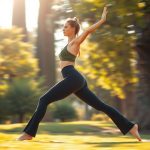 A woman in flare leggings black scrunch bum performing yoga in an Australian park, Olive Green colour.