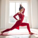 A model wearing long sleeve yoga tops, black wrap top in red, posing in a bright yoga studio.