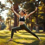 A man wearing olive green yoga pants men in warrior pose at an Australian park, yoga gear for men in motion.