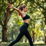 A woman in charcoal yoga pants women performing warrior II pose in an Australian park, black yoga pants in motion.