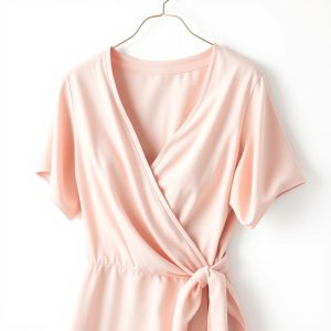 Pastel pink bamboo wrap top, an eco conscious womens fashion top on white background.