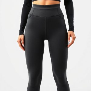 Black high waisted leggings with pockets, yoga pants for women in Heather Grey, studio shot on white background.