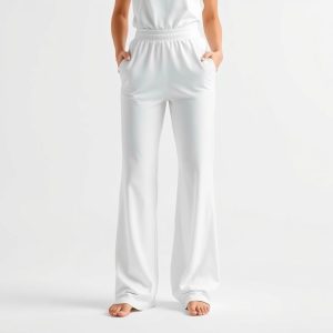 Black wide leg yoga pants with subtle scrunch detail, white background, hyperrealistic studio photo.