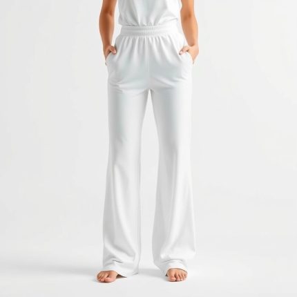 Black wide leg yoga pants with subtle scrunch detail, white background, hyperrealistic studio photo.