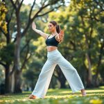 A woman in black wide leg yoga pants with subtle scrunch detail performing a yoga pose in an Australian park.