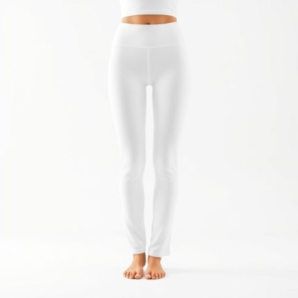 White Circuit yoga pants made from organic knit fabric on a white background.