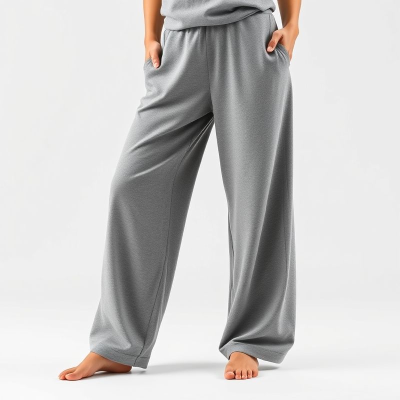pollinations-cotton-yoga-pants-1-680057 Heather Grey cotton yoga pants, wide leg style, on a white background.