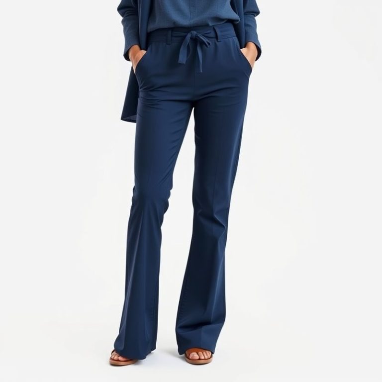 Navy Blue flared pants outfit, conscious clothing on white studio background.
