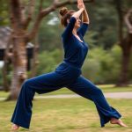 Woman in a yoga pose wearing a navy blue flared pants outfit in an Australian park.