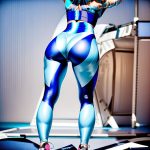 A model wearing high waist leggings with hidden scrunch in Sky Blue, back view on white studio background.