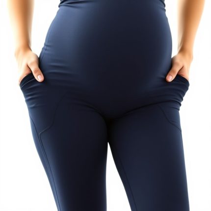 Navy blue maternity yoga leggings with pockets, black legging on white background, hyperrealistic studio photo.