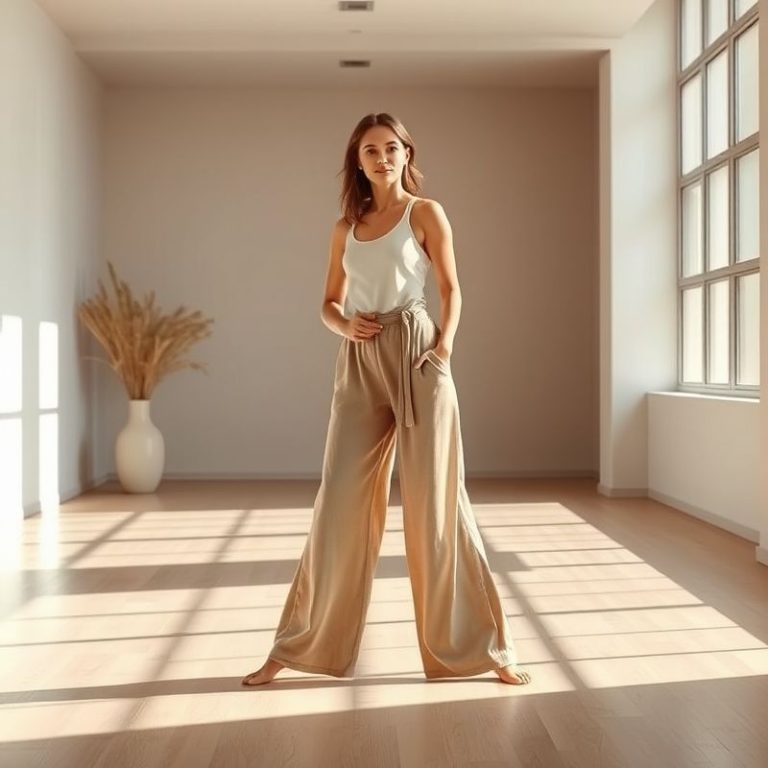 A model wearing beige organic cotton yoga pants with a flare leg in a bright yoga studio.