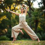 Woman in Australian park doing yoga in beige organic cotton yoga pants flare lounge pants.