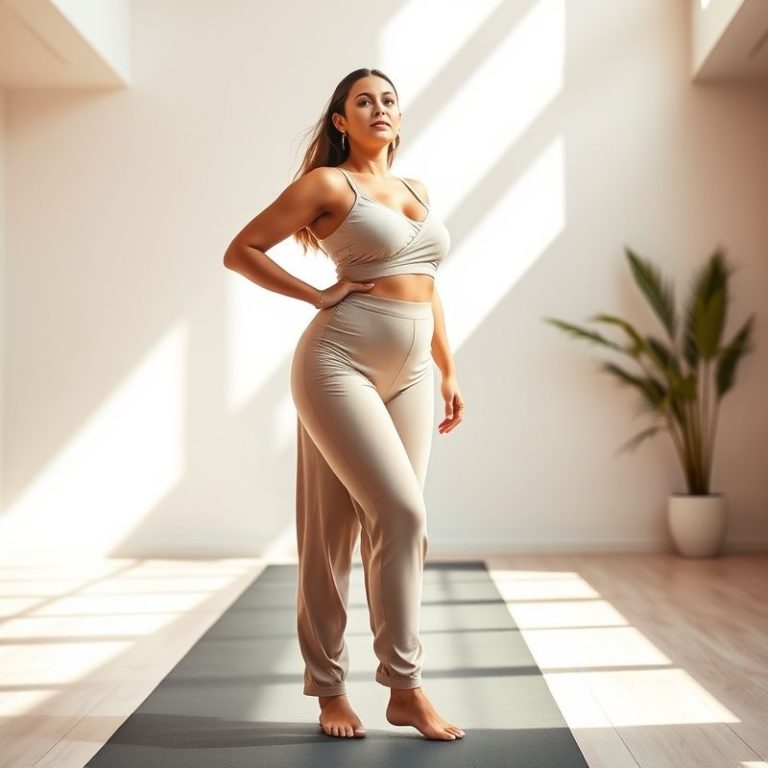 A woman in beige plus size yoga pants Australia Aura Wrap, posing in a bright yoga studio.
