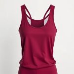 White workout tank by Halfmoon Yoga Canada in burgundy, hyperrealistic studio photo on white background.