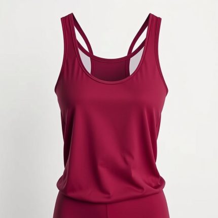 White workout tank by Halfmoon Yoga Canada in burgundy, hyperrealistic studio photo on white background.