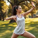 A woman in a white workout tank by Halfmoon Yoga Canada performing a yoga pose in an Australian park.