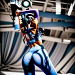 Back view of a model wearing sky blue wide leg yoga pants and yoga bra, studio shot on white background.