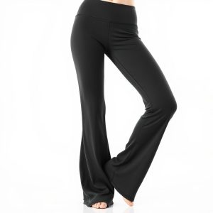 Charcoal organic activewear yoga flared pants on a clean white studio background.