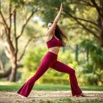 A woman in burgundy yoga pants flare performing a yoga pose in an Australian park, focus on flare leggings in motion.