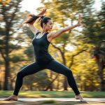 Woman in Australian park doing yoga in on off eco friendly charcoal yoga pants