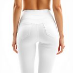 Back view of a model wearing white yoga pants womens with activewear pockets, studio shot on white background.