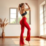 A model wearing flare black yoga pants yoga in red, posing in a bright minimalist yoga studio.