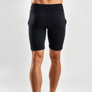 Black yoga shorts men, hyperrealistic studio photo on white background, yoga mens clothing.