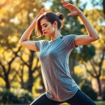 Woman in a Heather Grey see through yoga tshirt performing a yoga pose in an Australian park.