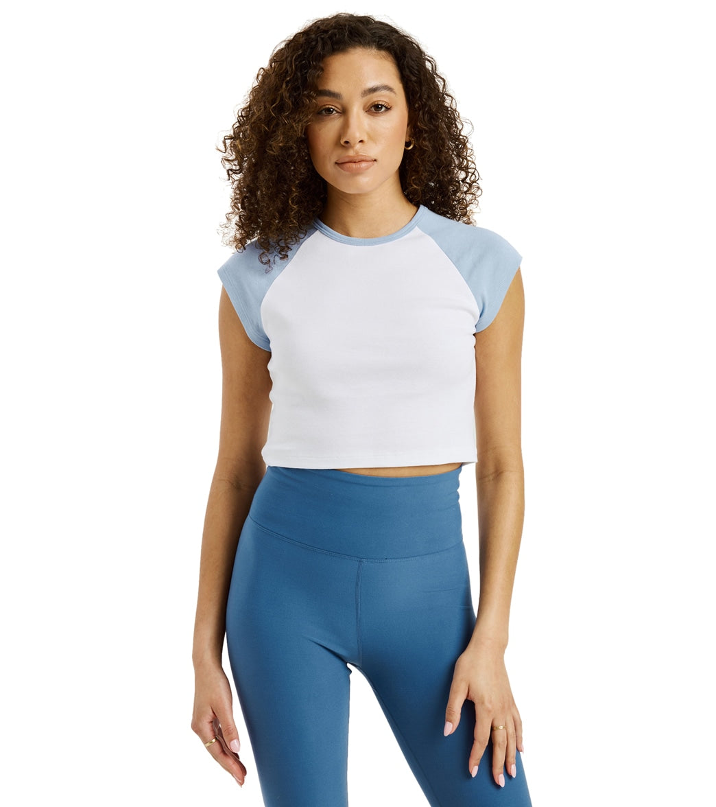 Fitted baby tee in white with sky-blue trim