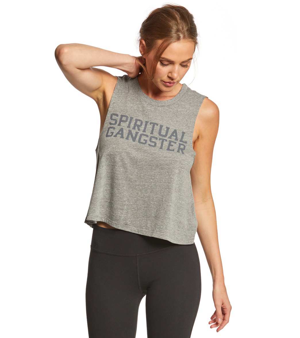 sage gren varsity crop tank heather grey
